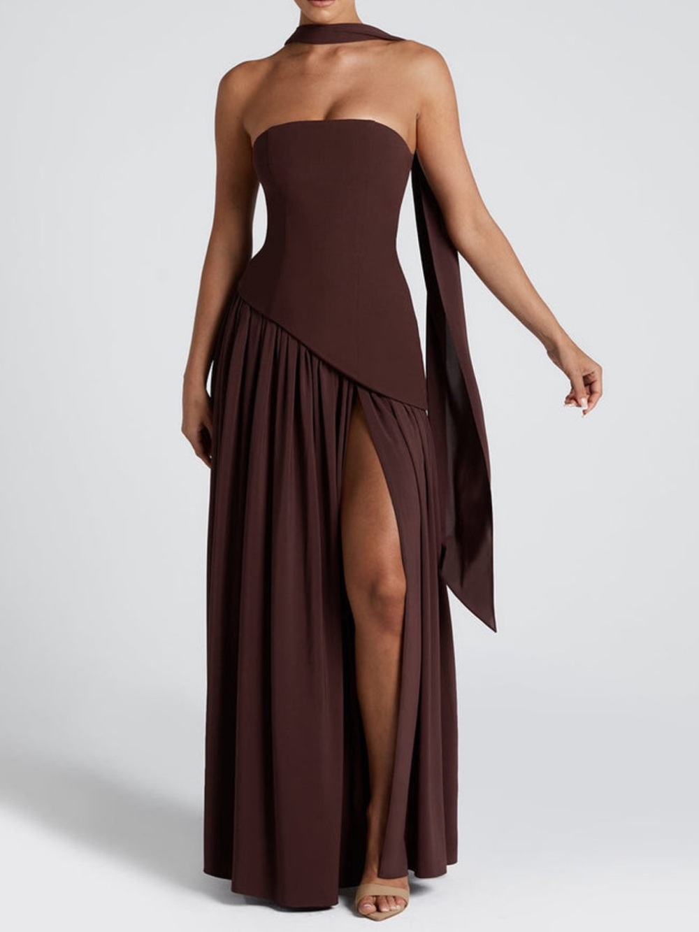 Strapless Chocolate Maxi Gown with Draped Skirt and High Slit
